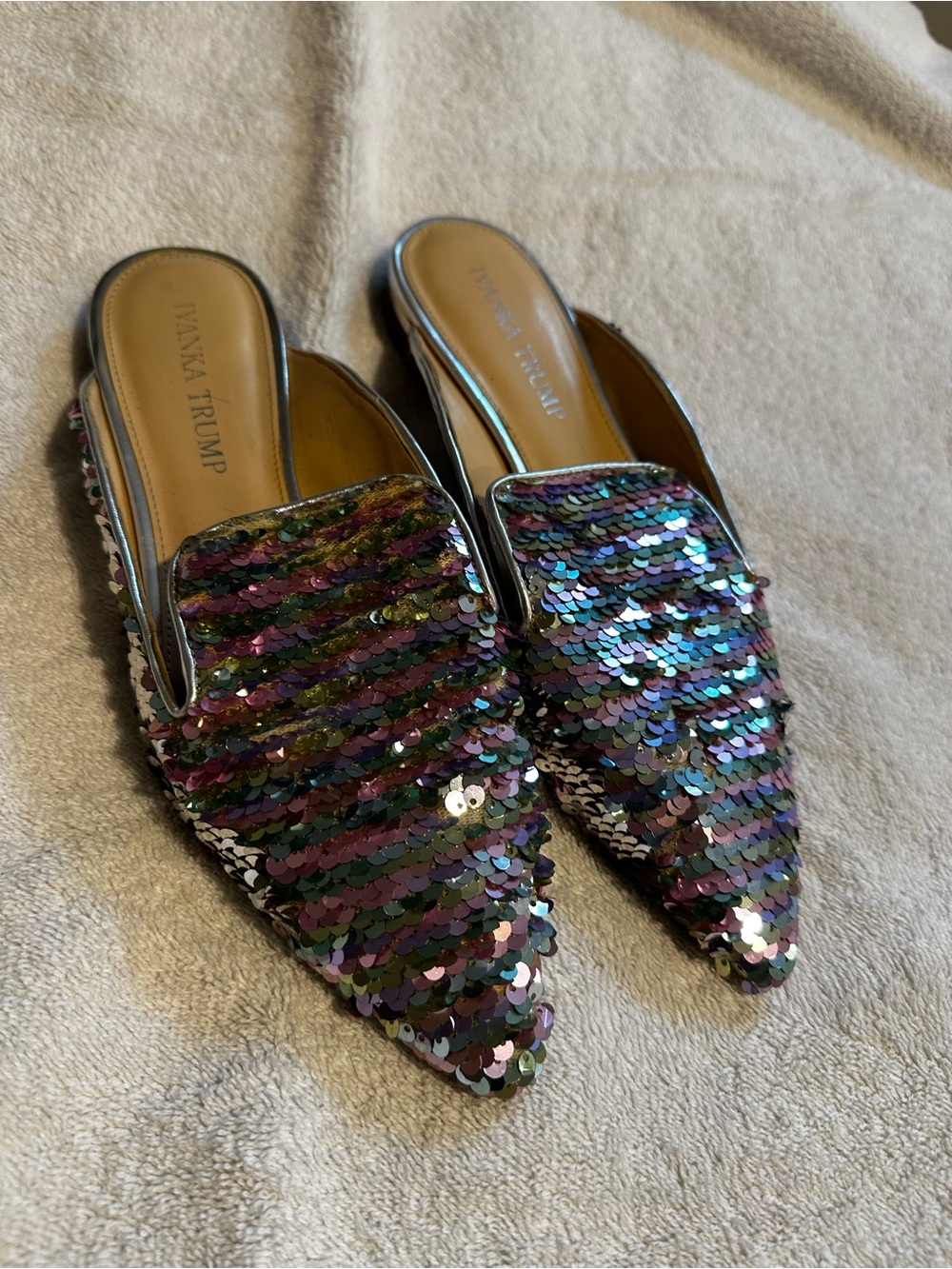 Ivanka Trump Iridescent Multicolor Sequin Pointed Mules